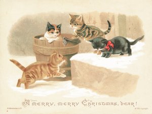 4つの小さな子猫が遊んで、クリスマスカード 作： English School