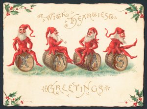 樽、クリスマスカードに座っている4つのピクシー 作： English School