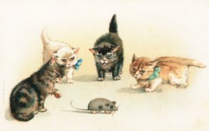時計じかけのマウスで遊ぶ4匹の子猫 作： English School