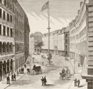 1870年代のマサチューセッツ州ボストン、フランクリン・ストリート（リトグラフ） 作： English School