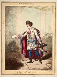 1798年5月21日にH.ハンフリーズが出版した「フランスの習慣」第12号、「国王の使者」（手彩色の彫刻）。