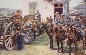 1914〜19年にイギリス軍の支援を受けて村の前哨基地に到着したフランスのランサー 作： English School