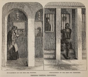 囚人を訪ねる友達、ロンドンの刑務所刑務所のイラスト、ヘンリーメイヒューとジョンビニーによる刑務所生活の情景。 1862 作： English School