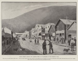 1898年夏、ドーソンシティのフロントストリートから西を見たときの様子（彫刻 作： English School