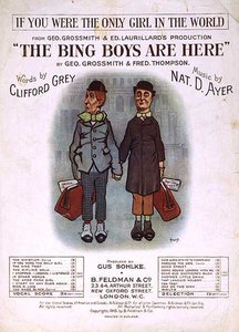 ジオ・グロスミスとフレッド・トンプソン作、クリフォード・グレイ作詞、ナット・D・エアー作曲の「The Bing Boys are Here」の楽譜の表紙（カラーリトグラフ）。 作： English School
