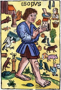 ウィリアム・カクストン(1422? - 1491)がイギリスで印刷したイソップ寓話集の扉絵。