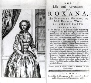 1765年に発行されたDaniel Defoeによるロクサナの人生と冒険のフロントピースとタイトルページ