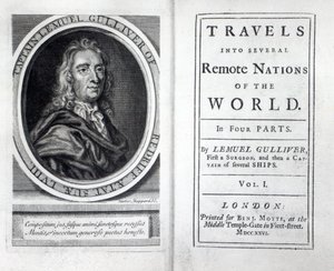 ジョナサン・スウィフトによるガリバー旅行記の表紙とタイトルページ、1726 作： English School
