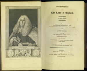 1811年にロンドンのM.とS.ブルックによって発行されたサーウィリアムブラックストーン（Knt。）著の4冊のイギリスの法律に関する解説のフロントピースとタイトルページ