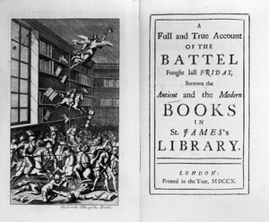 1710年に出版された、ジョナサンスイフトの 『本の戦い』の表紙とタイトルページ 作： English School