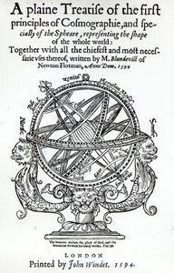 1594年に出版されたThomas BlundevilleによるCosmographieの第一原理の明白な扱いからのFrontispiece 作： English School