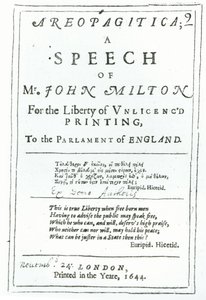 ジョンミルトン（1608-74）パブの演説であるアレオパジティカの口絵。 1644年に