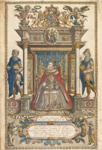 イギリス、ウェールズの国々のアトラスのクリストファー・サクソン、1579年のフロンティピース（手描きの彫刻）