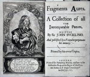 1646年に出版されたジョンサックリング卿によって書かれたすべての比類のないおしっこのコレクションのFragmenta Aureaの口絵 作： English School