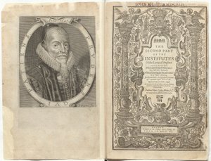 「イングランド法学研究所の第二部」の口絵。 サー・エドワード・コークによる多くの古代およびその他の法規などの解説を含む 作： English School