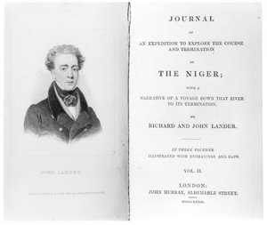 1832年に出版されたリチャードとジョンランダーによる「ニジェールのコースと終了を探検する遠征のジャーナル」の第2巻の口絵 作： English School