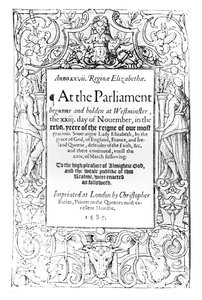 1584年11月23日から1585年3月24日まで開催されたエリザベス女王議会の議事録の口絵、クリストファーバーカー、1585年 作： English School