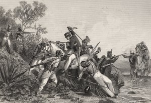 1858年に出版された「インド反乱の歴史」より、反乱軍に襲われた逃亡中のイギリス軍将校とその家族（エングレーヴィング） 作： English School