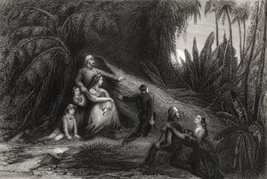 1858年に発行された「インディアン反乱の歴史」から、家族が身を隠している逃亡将校 作： English School