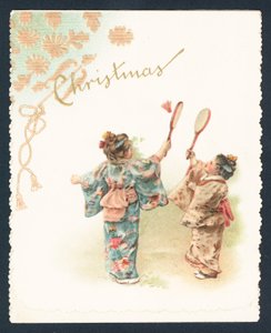 バドミントンをする芸者の女の子、クリスマスカード 作： English School