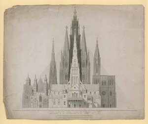 セントポールズ大聖堂の西部正面の幾何学的標高、ロンドン（火の前）...とエジプトの大ピラミッド