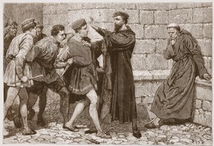 暗殺者を守るジョージ・ウィシャート、ジェームズ・エイトケン・ワイリー（1808-1890）の「プロテスタントの歴史」のイラスト、パブ。 1878年（彫刻） 作： English School