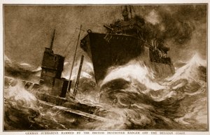 1914〜19年、ベルギー沿岸沖のイギリス駆逐艦バジャーに突撃されたドイツ潜水艦 作： English School