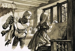 雪の中で外を見て女の子と男の子 作： English School