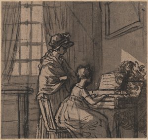 クラビコードの少女、1800年頃（ペンと紙で洗う） 作： English School