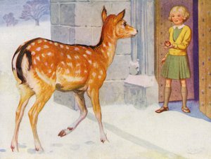 雪の中で鹿に餌をやる少女（カラーリソ） 作： English School