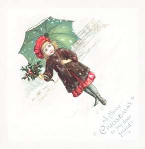 雪とクリスマスカードの傘とヒイラギを保持している女の子 作： English School