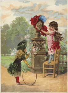 像にボンネットを置く少女。フープを持つ別の女の子 作： English School