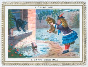 女の子と犬、クリスマスカードをからかう猫 作： English School