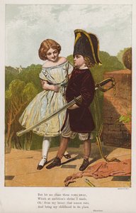 兵士の格好をした男の子と一緒にいる女の子（彩色済み彫刻