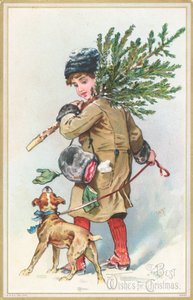 クリスマスツリー、クリスマスカードを運ぶ犬を持つ少女 作： English School