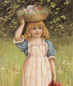 バスケットの中の遊び好きな子猫を持つ少女（クロモリト）
