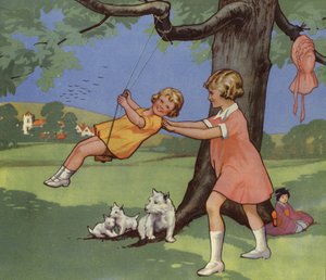 イギリスの田園地帯でブランコに乗って遊ぶ少女たち（カラーリトグラフ 作： English School