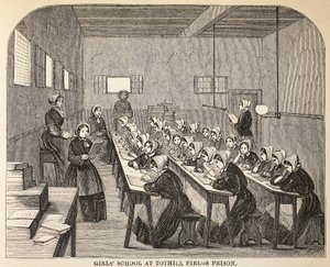Tothill Fields Prisonの女子校、ロンドンの刑務所刑務所のイラスト、Henry MayhewとJohn Binnyによる刑務所の生活の情景。 1862 作： English School