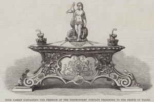 プリンス・オブ・ウェールズに贈られた魚屋会社の自由を収めた金の棺（彫刻 作： English School