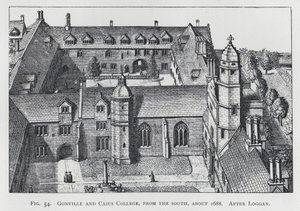 ゴンヴィル＆カイアス・カレッジ、南側から、1688年頃、ログガンの後（エングレーヴィング 作： English School