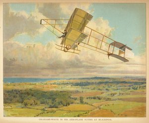 「リトル・ピープルズ・ブック・オブ・エアシップ」より、ブラックプールを飛行する飛行機に乗るグラハム・ホワイト 作： English School