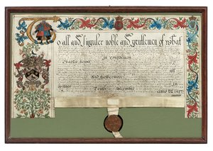 チャールズヒューイットへの武器の付与、1597年 作： English School