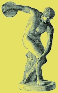 円盤投げをするギリシャのアスリート、Cassells Illustrated Universal Historyからのイラスト、エドワード・オリエ、1890年（デジタル強化画像） 作： English School