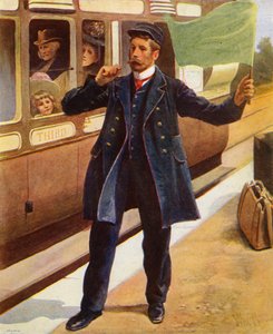 列車が出発しようとしているときに警笛を鳴らしている警備員 (色リソ) 作： English School