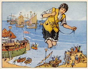 ガリバー旅行記：ブレフスクで艦隊を捕らえる（カラーリトグラフ） 作： English School