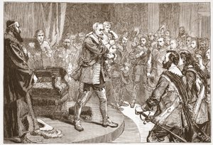 グスタフ・アドルフがアメリカを去る、イラストはジェームズ・エイトケン・ワイリー（1808-1890）による 『プロテスタンティズムの歴史』から出版。 1878 作： English School