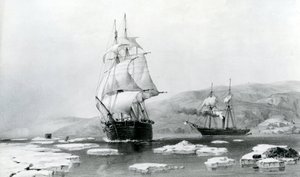 1854年、冬の宿舎から出てきたHMSアシスタンスとパイオニア（リトグラフ 作： English School