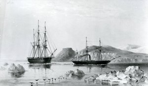 1853年、北ウェリントン海峡でジョン・ハロー・マウントを通過する先駆者のために船を出すHMSアシスタンス（リトグラフ 作： English School