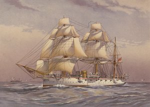 HMSカリオペ、3等巡洋艦（カラーリトグラフ） 作： English School