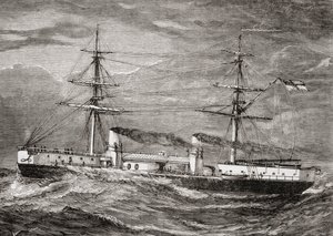 1885年の児童特別奉仕使節から出版された、英国王立海軍のHMS Inflexible、Invincible Class Battlecruiser、「Our Own Magazine」のイラスト 作： English School